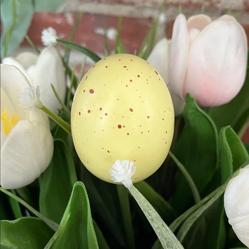 Nicole Miller White Basket Planter with Pink & White Tulips and Pastel Eggs